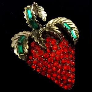 VINTAGE Pell Green Baguette & Red Rhinestone Strawberry Brooch Pin